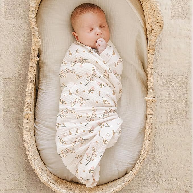 YLmeet Muslin Swaddle Blankets, Pink and Floral Pattern, Soft Breathable Cotton, 47x47 Inches, 2 Pack, for Newborn Baby Boys and Girls - Image 4
