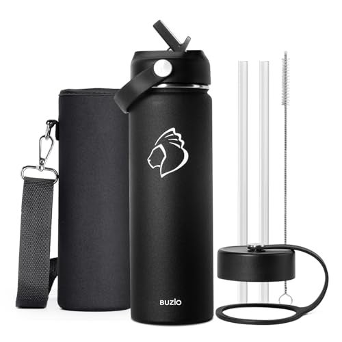 BUZIO 24 oz Insulated Water Bottle, Stainless Steel Wide Mouth Water Flask with Straw Lid, Cold for 48 Hrs Leak Proof Metal Hydro Thermo Canteen Mug, Black - Image 1