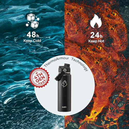 BUZIO 24 oz Insulated Water Bottle, Stainless Steel Wide Mouth Water Flask with Straw Lid, Cold for 48 Hrs Leak Proof Metal Hydro Thermo Canteen Mug, Black - Image 2