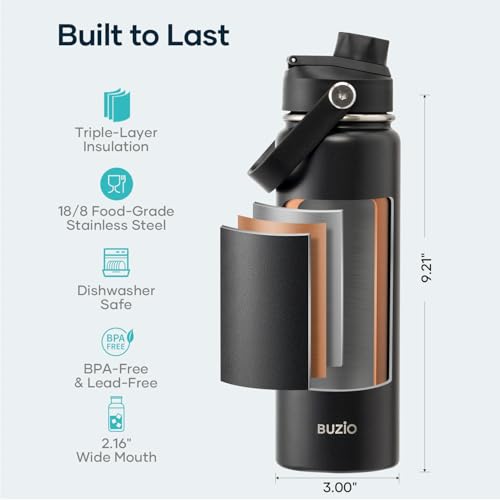 BUZIO 24 oz Insulated Water Bottle, Stainless Steel Wide Mouth Water Flask with Straw Lid, Cold for 48 Hrs Leak Proof Metal Hydro Thermo Canteen Mug, Black - Image 4