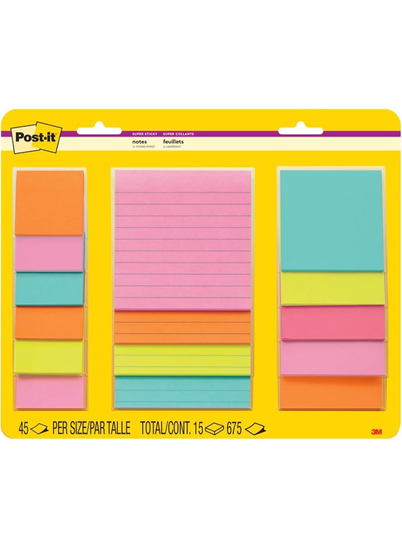 Post-it Super Sticky Notes, Assorted Sizes, 15 Pads, 2X The Sticking Power, Supernova Neons Collection, Neon Colors (Orange, Pink, Blue, Green), Recyclable (4423-15SSMIA) - Image 1