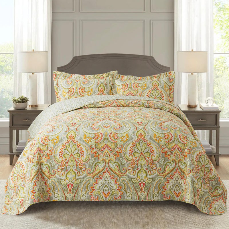 NEWLAKE طقم لحاف وغطاء سرير قطني من نيوليك - طقم غطاء سرير مرقع قابل للعكس، بنقشة زهور أوروبية بيج، مقاس كينج - Image 1