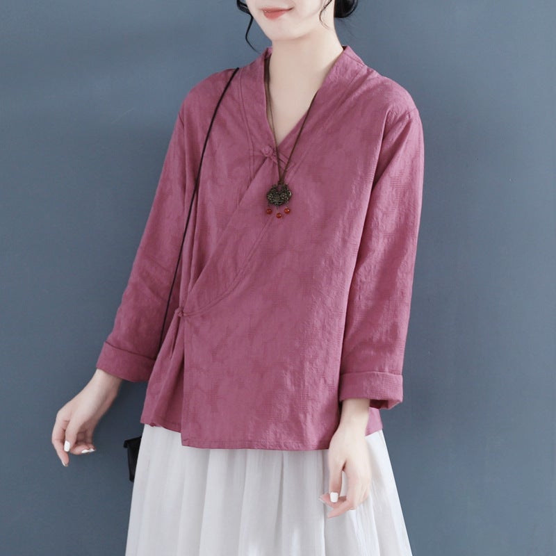 Artistic Chinese Style Womens Shirt With Two Types Of Sleeves Long V-Neck Collar Button Up Top For Spring Summer Fashion Lotus root powder long sleeves 
