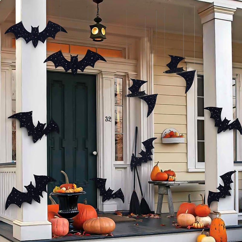 Pawliss Halloween Decorations Outdoor: 10Pcs Hanging Bats Stickers Wall Decals Window Sticker, Large 3D Bats with glitter Removable Halloween Yard Front Door Porch Decoration Party Gothic Decor Indoor - Image 1