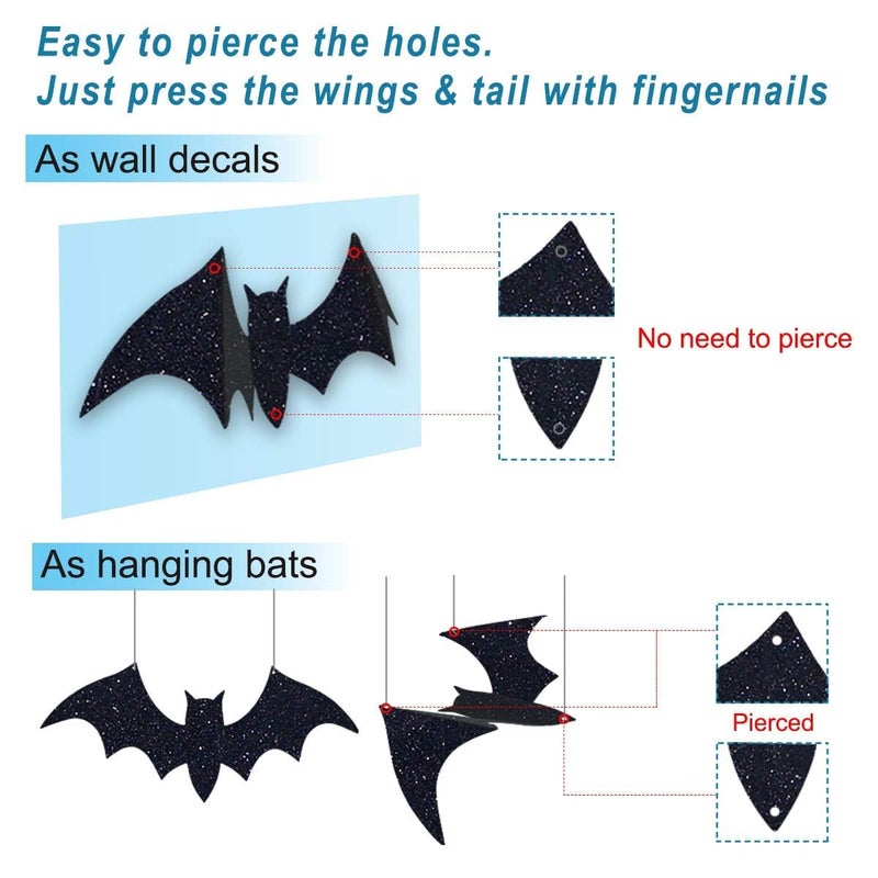 Pawliss Halloween Decorations Outdoor: 10Pcs Hanging Bats Stickers Wall Decals Window Sticker, Large 3D Bats with glitter Removable Halloween Yard Front Door Porch Decoration Party Gothic Decor Indoor - Image 3