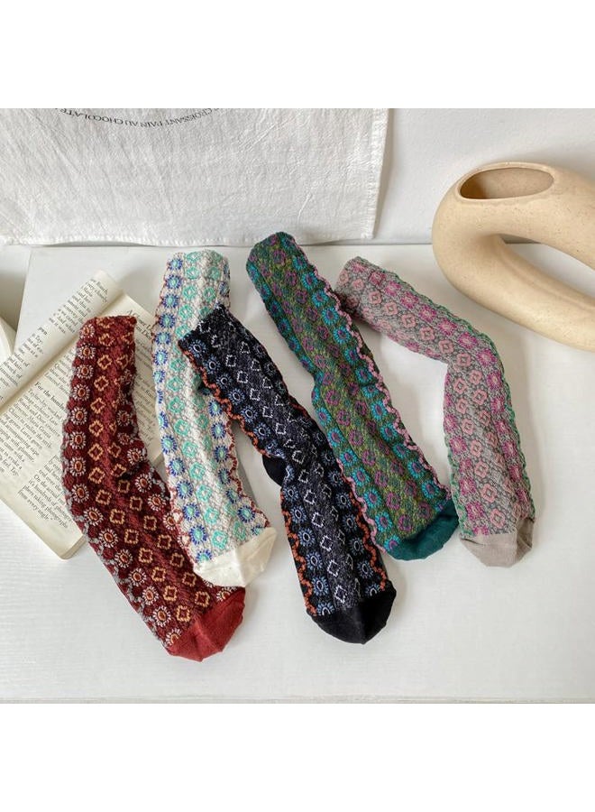 FORJMMP Vintage Embroidered Animals/Fruits Socks for Women, Colorful Crew Socks, 5 Pairs-waves, 5-8 - Image 3