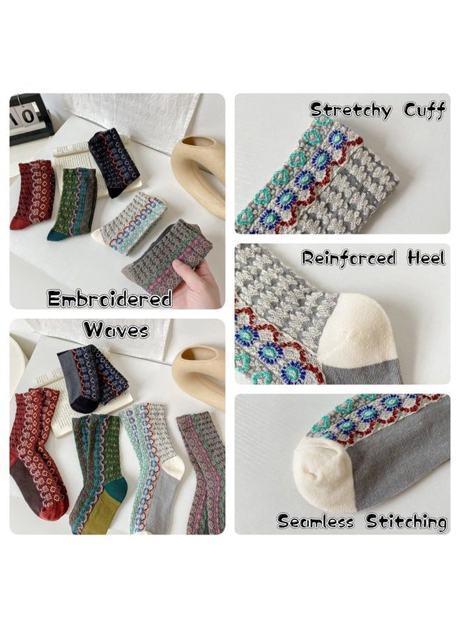 FORJMMP Vintage Embroidered Animals/Fruits Socks for Women, Colorful Crew Socks, 5 Pairs-waves, 5-8 - Image 4