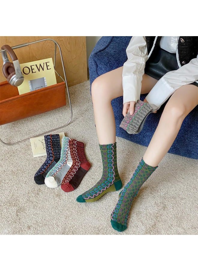 FORJMMP Vintage Embroidered Animals/Fruits Socks for Women, Colorful Crew Socks, 5 Pairs-waves, 5-8 - Image 2