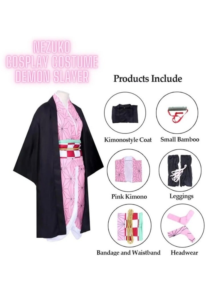 Anime Demon Slayer Kamado Nezuko Cosplay Female Kimono with Leggings, Bamboo and Headwear Cosplay Costume