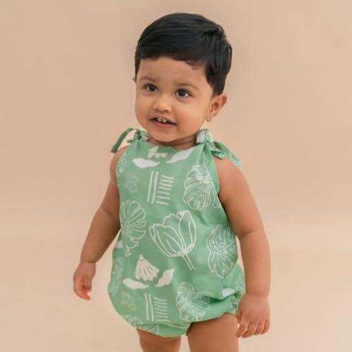 A toddler thing Romper For Babies|Mulmul Cotton|Perfect for Summer|Cotton Knot Type Romper|Breezy Leaf|0-3m - Image 2