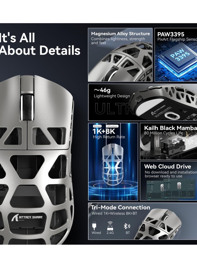 Attack Shark R3 46g Superlight Magnesium Alloy Wireless Gaming Mouse, BT/2.4Ghz/Wired Computer Mouse, 8000Hz Wireless Polling Rate, PAW3395 26K DPI Optical Sensor Programmable Mice for Win/Mac - Image 3