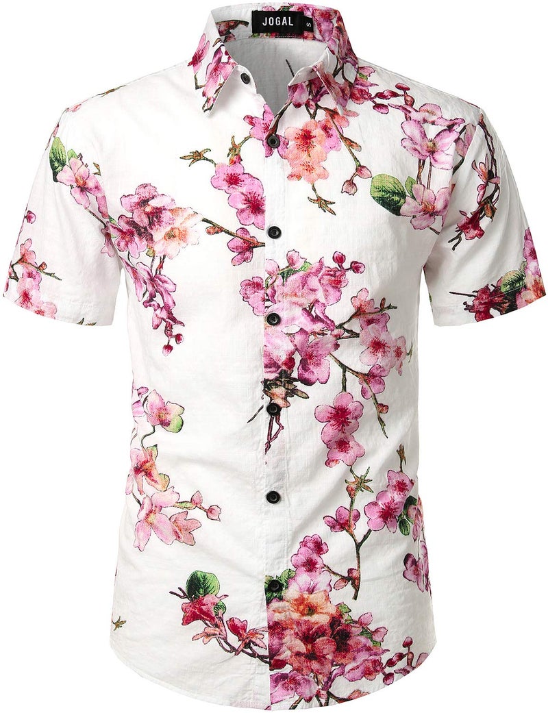 JOGAL Men's Flower Casual Button Down Short Sleeve Hawaiian Shirt White Pink Medium - Image 2