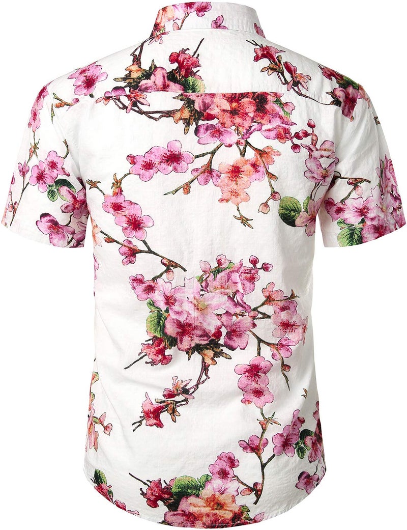 JOGAL Men's Flower Casual Button Down Short Sleeve Hawaiian Shirt White Pink Medium - Image 3