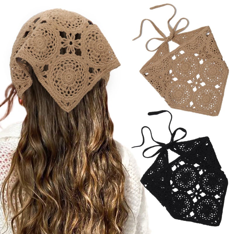 HAIMEIKANG Floral Crochet Hair Bandanas Headscarf 2 PCS Women Hair Scarf Daisy Headband Vintage Head Kerchief for Girls(Black+Coffee) - Image 1