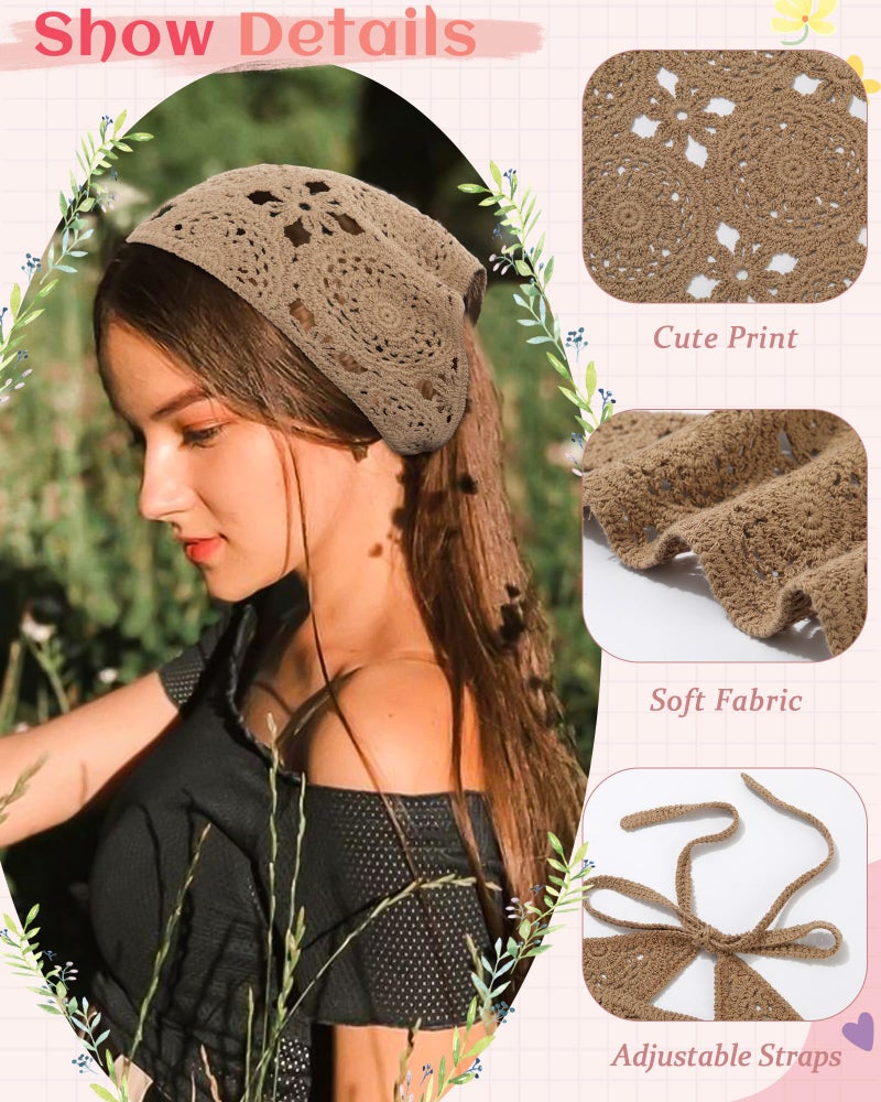 HAIMEIKANG Floral Crochet Hair Bandanas Headscarf 2 PCS Women Hair Scarf Daisy Headband Vintage Head Kerchief for Girls(Black+Coffee) - Image 4