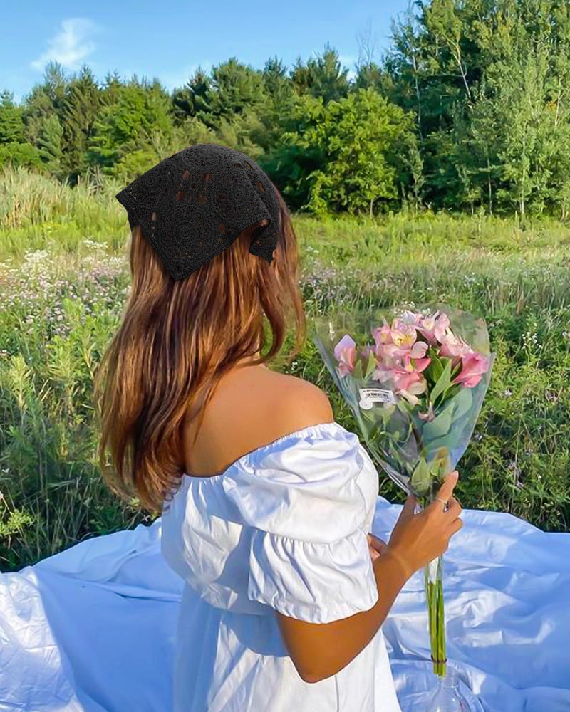HAIMEIKANG Floral Crochet Hair Bandanas Headscarf 2 PCS Women Hair Scarf Daisy Headband Vintage Head Kerchief for Girls(Black+Coffee) - Image 3