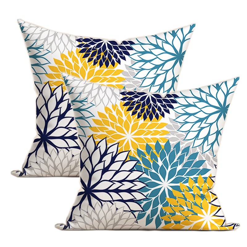 SHAPTOY Navy Blue Teal and Yellow Grey Throw Pillow Covers Set of 2 Elegant Dahlia Flower Outdoor Decorative Pillows Cover 18x18 Inch Floral Pillowcase Square Cushion Cover for Bed Couch Sofa Decor