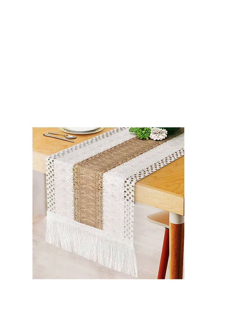 Y&D Macrame Table Runner, Burlap Runners Farmhouse Style Boho with Tassels, Rustic Splicing Cotton Runner for Wedding Home and Dining Decor 12 x 71 Inch 