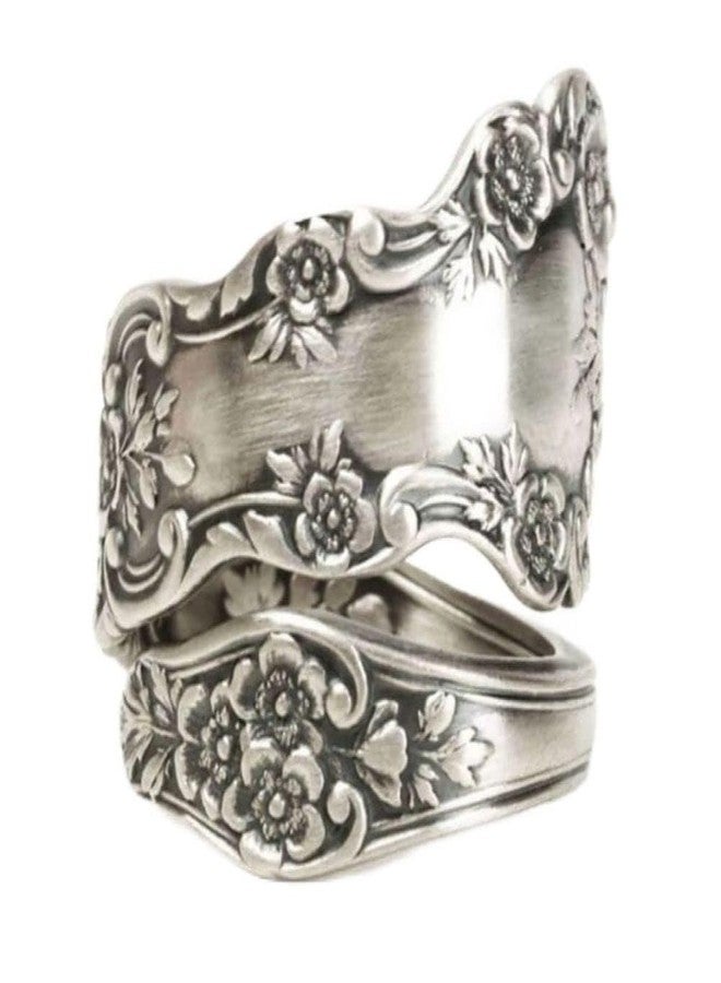 LRGKMCWTOB Retro Flower Ring 925 Sterling Silver Vintage Flower Stacking Band Ring Simple Thumb Statement Rings Victorian Flower Open Adjustable Boho Floral Statement Jewelry for Women (Size 10) - Image 1