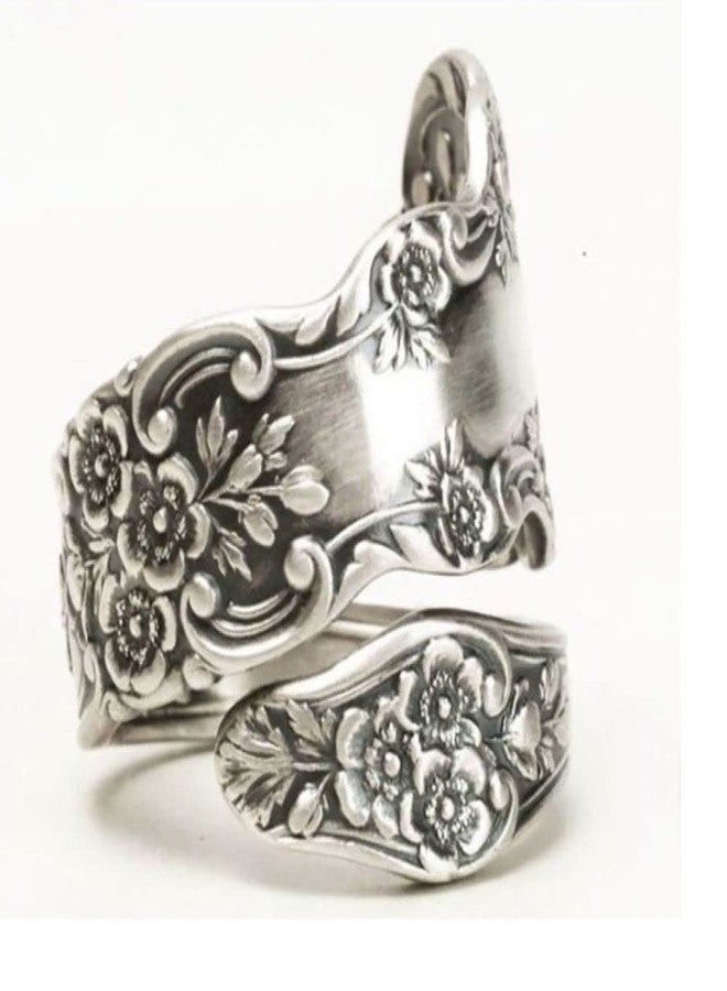 LRGKMCWTOB Retro Flower Ring 925 Sterling Silver Vintage Flower Stacking Band Ring Simple Thumb Statement Rings Victorian Flower Open Adjustable Boho Floral Statement Jewelry for Women (Size 10) - Image 4