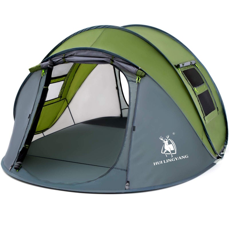 HUI LINGYANG 4 Person Easy Pop Up Tent, 9.5â€˜x6.6â€™x52'',Waterproof Automatic Setup Tent, 2 Doors-Instant Family Tents for Camping, Hiking & Traveling, Green - Image 1