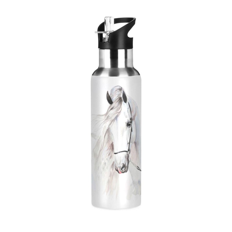 senya 20 Oz Water Bottle with Straw White Horse Stainless Steel Water Bottle for Traveling Sports Leakproof Insulated
