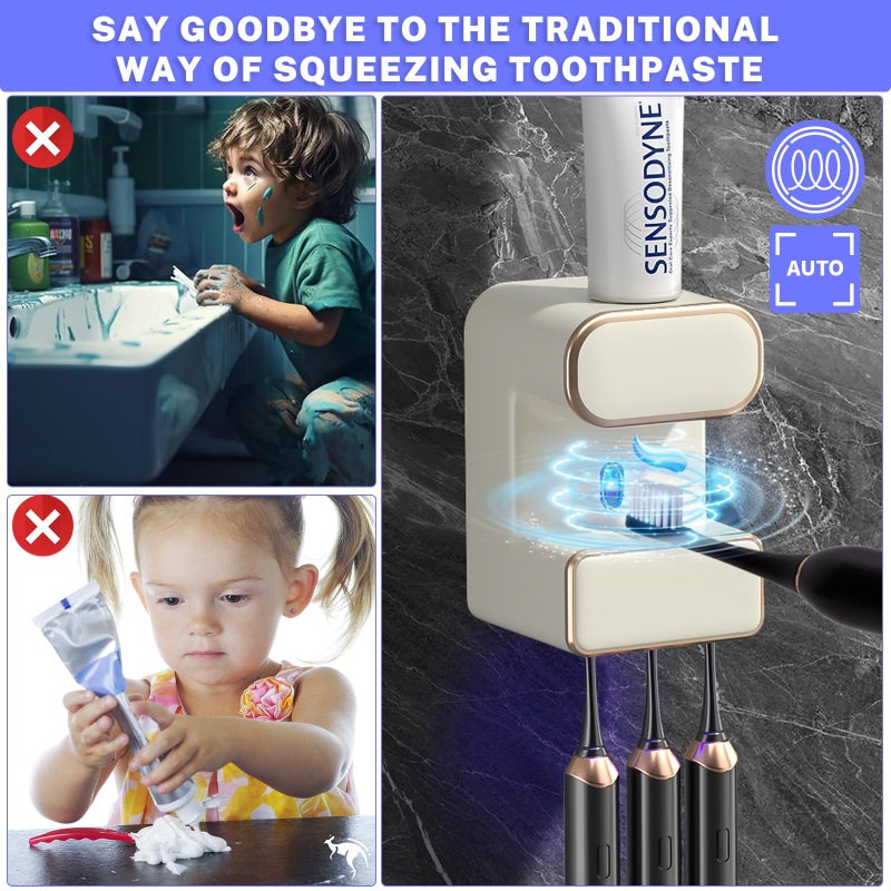 Wekity Automatic Toothpaste Dispenser,Wall Mounted Electric Toothpaste Dispenser with 3 Toothpaste Slots,Toothpaste Dispenser for Kids and Adults (Beige) - Image 2