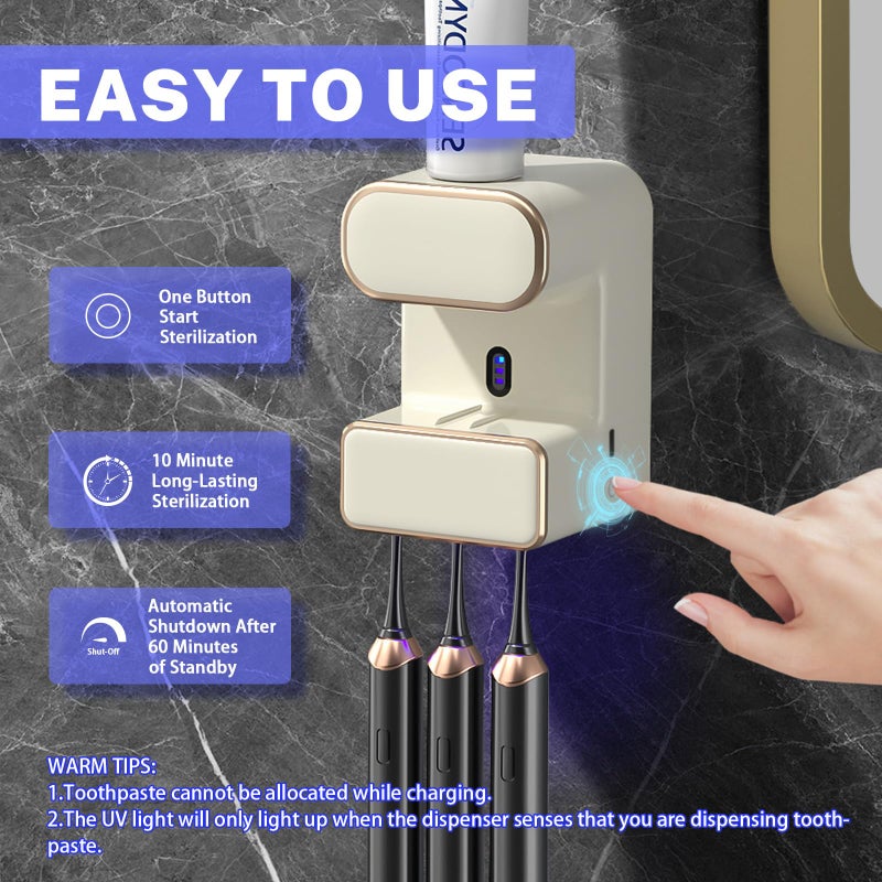 Wekity Automatic Toothpaste Dispenser,Wall Mounted Electric Toothpaste Dispenser with 3 Toothpaste Slots,Toothpaste Dispenser for Kids and Adults (Beige) - Image 4