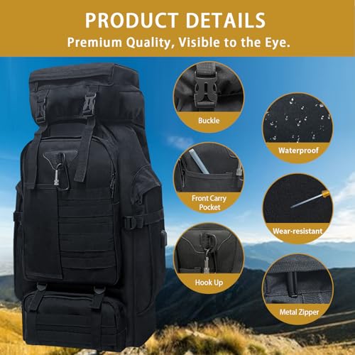 Vaupan 80L Camping Hiking Backpack, Large Military Tactical Backpack with USB Charging Port, Waterproof Travel Daypack With Carabiner Outdoor MOLLE Rucksack for Men Women (Black) - Image 4