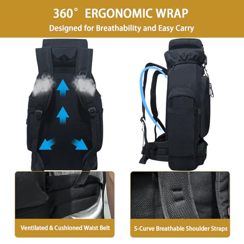 Vaupan 80L Camping Hiking Backpack, Large Military Tactical Backpack with USB Charging Port, Waterproof Travel Daypack With Carabiner Outdoor MOLLE Rucksack for Men Women (Black) - Image 5