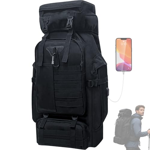 Vaupan 80L Camping Hiking Backpack, Large Military Tactical Backpack with USB Charging Port, Waterproof Travel Daypack With Carabiner Outdoor MOLLE Rucksack for Men Women (Black) - Image 1