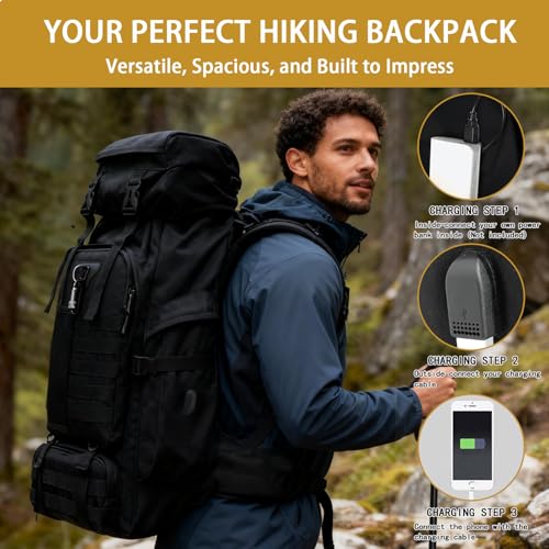 Vaupan 80L Camping Hiking Backpack, Large Military Tactical Backpack with USB Charging Port, Waterproof Travel Daypack With Carabiner Outdoor MOLLE Rucksack for Men Women (Black) - Image 2