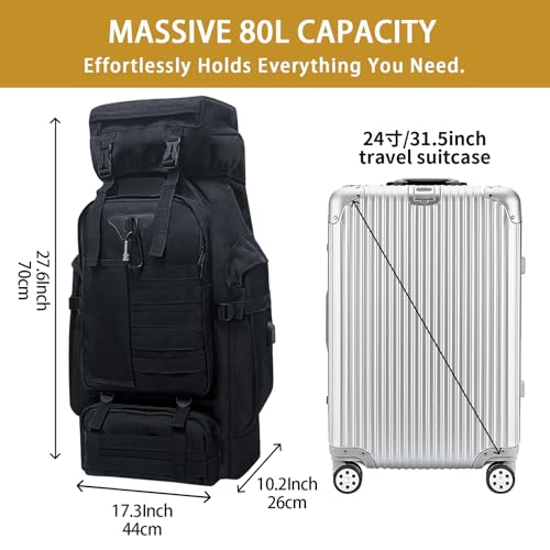 Vaupan 80L Camping Hiking Backpack, Large Military Tactical Backpack with USB Charging Port, Waterproof Travel Daypack With Carabiner Outdoor MOLLE Rucksack for Men Women (Black) - Image 3