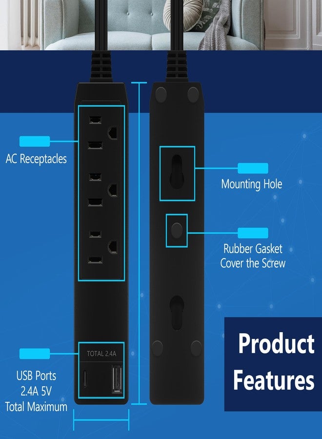 ليدير موسع منافذ LIDER بثلاثة مقابس، 12 وات USB من النوع A وUSB من النوع C، قابس حائط رفيع للغاية مع موسع سلك، شريط طاقة بثلاثة منافذ، وجه مسطح، تصميم نحيف، مدرج في قائمة ETL، سلك بطول 3 أقدام، أسود - Image 2