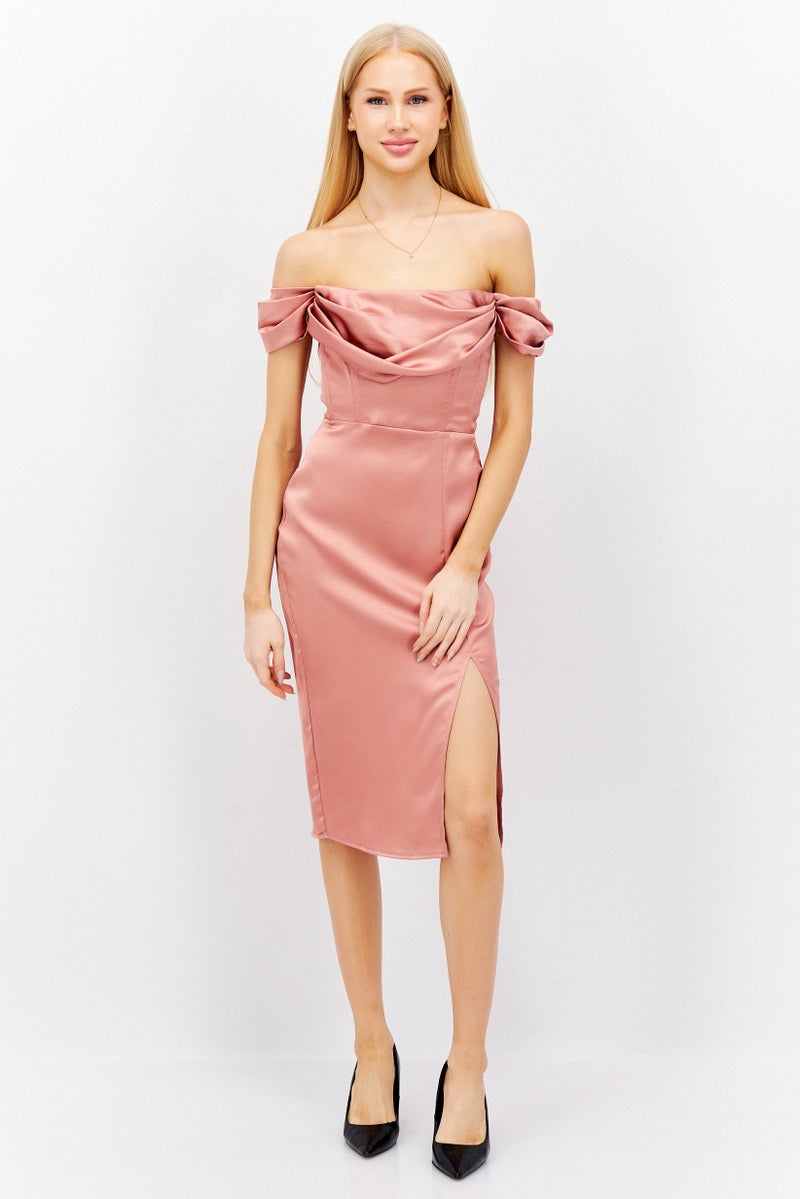 First Distraction The Label Women Petite Plain Midi Dress, Pink - Image 1