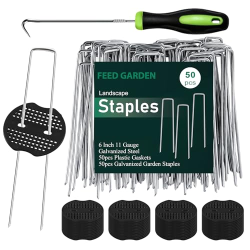 FEED GARDEN 6 Inch 50 Pcs Galvanized Landscape Staples 50 Pcs Gaskets Pick Hook Garden Stakes 11 Gauge Anti-Rust Landscaping Fabric SOD Pins U Shaped Yard Turf Stakes for Weed Barrier Fabric - Image 1