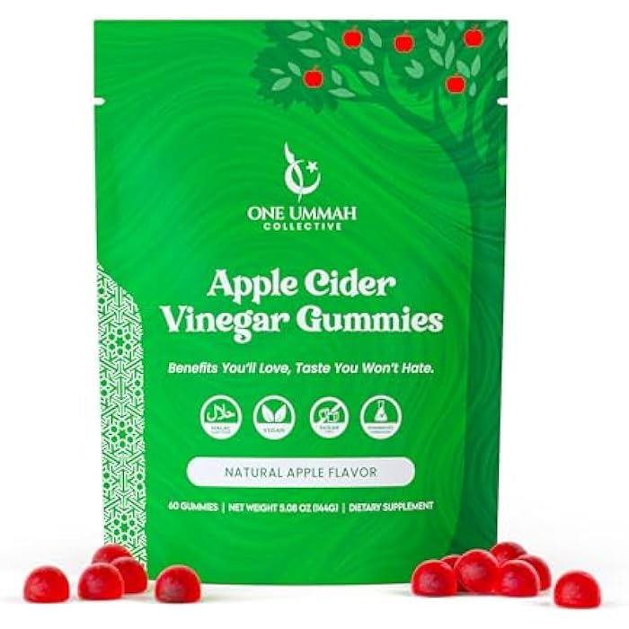 One Ummah Halal Certified Apple Cider Vinegar Gummies - Vegan, Easy Digestion, & High Absorption - ACV Gummy Supplement - Tasty 60 Apple Flavor - 60 Ct - Image 1