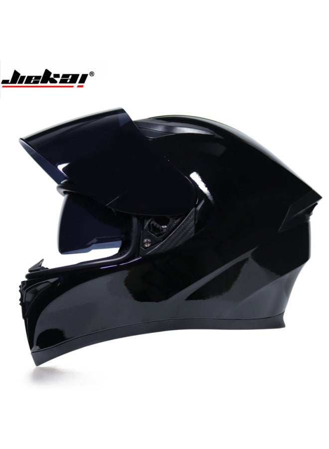 Bright Black With Tea Mirror Jiekai Double Lens Motorcycle Helmet Men's Off-road Running Helmet Electric Car Women's Winter Full Cover Cap Full Helmet