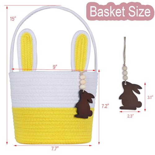 K-MLICE Easter Basket, Empty Easter Baskets for Kids Boys Girls with Bunny Tag Egg Basket Eater Gifts Basket Toddler Teens Babys First Easter Basket with Handle Yellow - Image 3