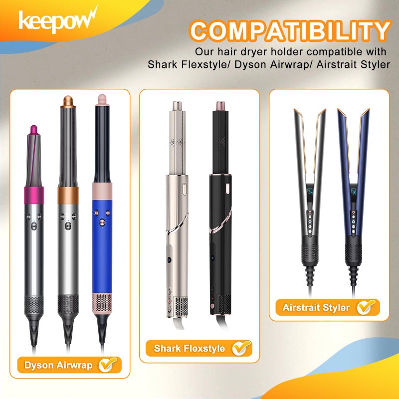 KEEPOW حامل مجفف الشعر KEEPOW مثبت على الحائط متوافق مع Shark Flexstyle / Dyson Airwrap / Airstrait Styler، حامل مجفف الشعر منظم أدوات الشعر ملحق تخزين مجفف الشعر للحمام والفندق - Image 2