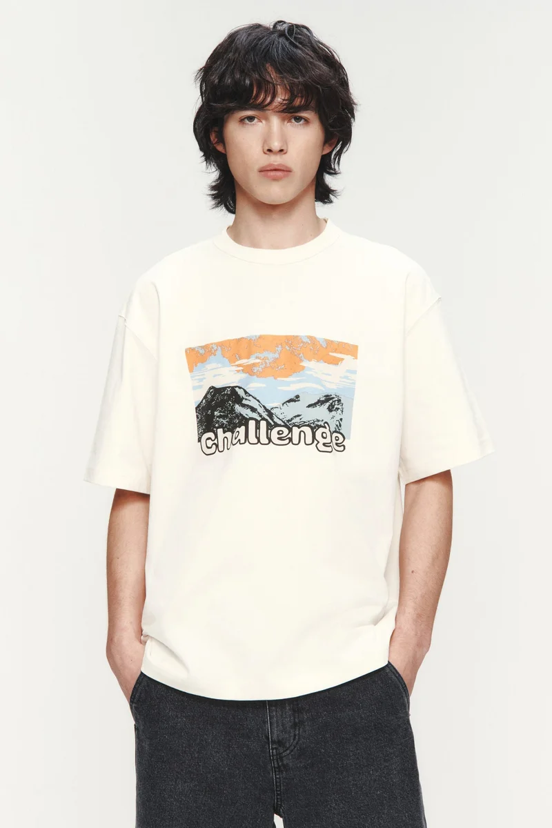 اتش اند ام تي شيرت قطني مطبوع بقصة فضفاضة