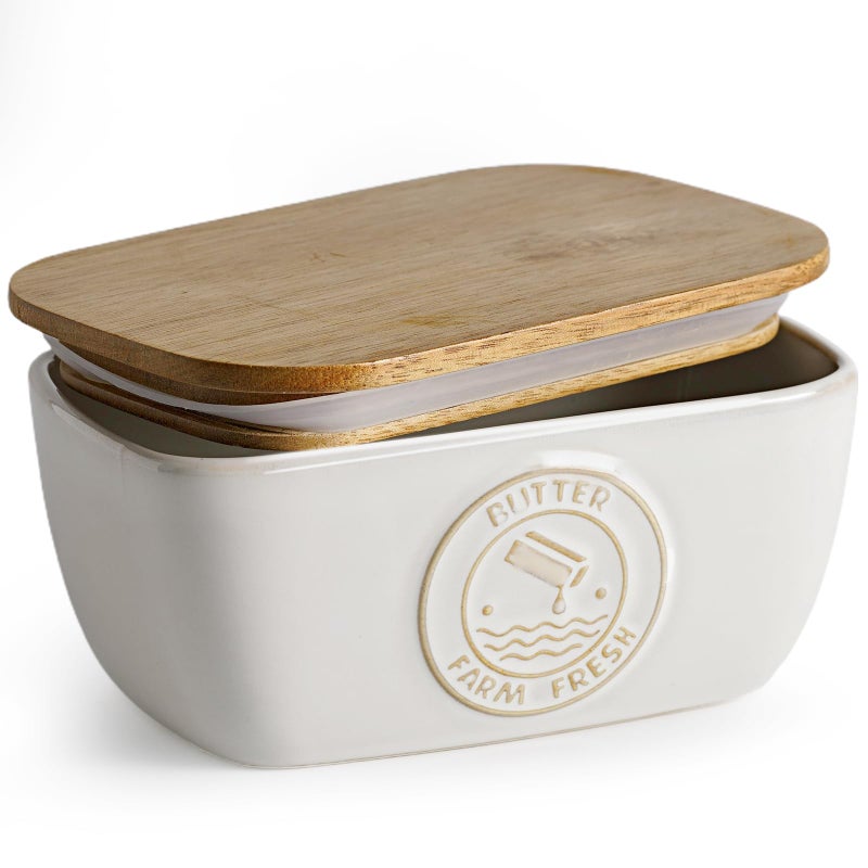 Getstar Ceramic Butter Dish with Acacia Lid for Countertop Silicone Sealing Farmhouse Kitchen Counter Decor Large Butter Keeper Container 65x4