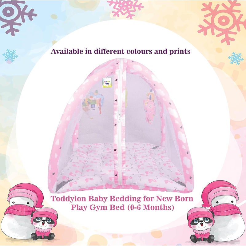 Toddylon Flat Bed Baby Play Gym New Born Baby Bedding|Mat with Hanging Toys|Mattress with Mosquito Net|Cotton Playing Mat|Playmats & Floor Gyms (0-6 Months),1 Count,Pink - Image 2