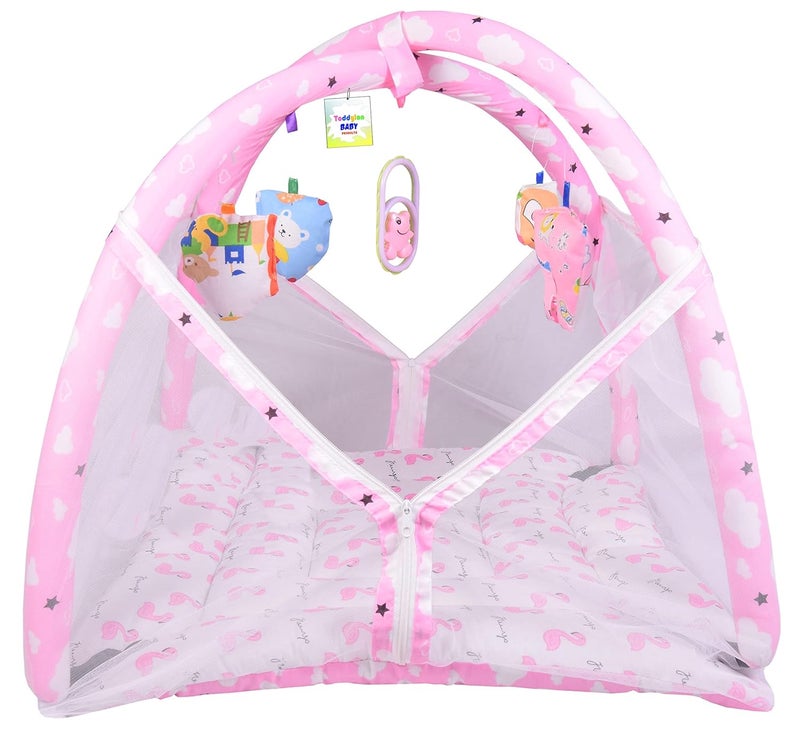 Toddylon Flat Bed Baby Play Gym New Born Baby Bedding|Mat with Hanging Toys|Mattress with Mosquito Net|Cotton Playing Mat|Playmats & Floor Gyms (0-6 Months),1 Count,Pink - Image 1