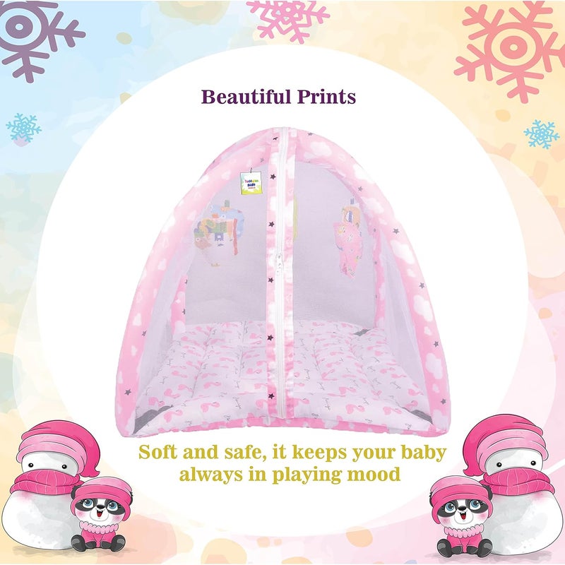 Toddylon Flat Bed Baby Play Gym New Born Baby Bedding|Mat with Hanging Toys|Mattress with Mosquito Net|Cotton Playing Mat|Playmats & Floor Gyms (0-6 Months),1 Count,Pink - Image 5
