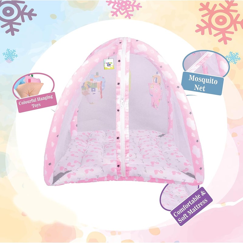 Toddylon Flat Bed Baby Play Gym New Born Baby Bedding|Mat with Hanging Toys|Mattress with Mosquito Net|Cotton Playing Mat|Playmats & Floor Gyms (0-6 Months),1 Count,Pink - Image 3