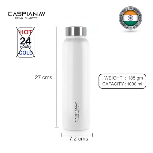 CASPIAN /// Astra Stainless Steel Water Bottle 1 Litre Leak-Proof Thunder 1000 ml - Hydration Companion for Home, Office, Travel and Gym Yoga Kids & Adults (Sparkling White, 1 Litre, Set of 1) - Image 2