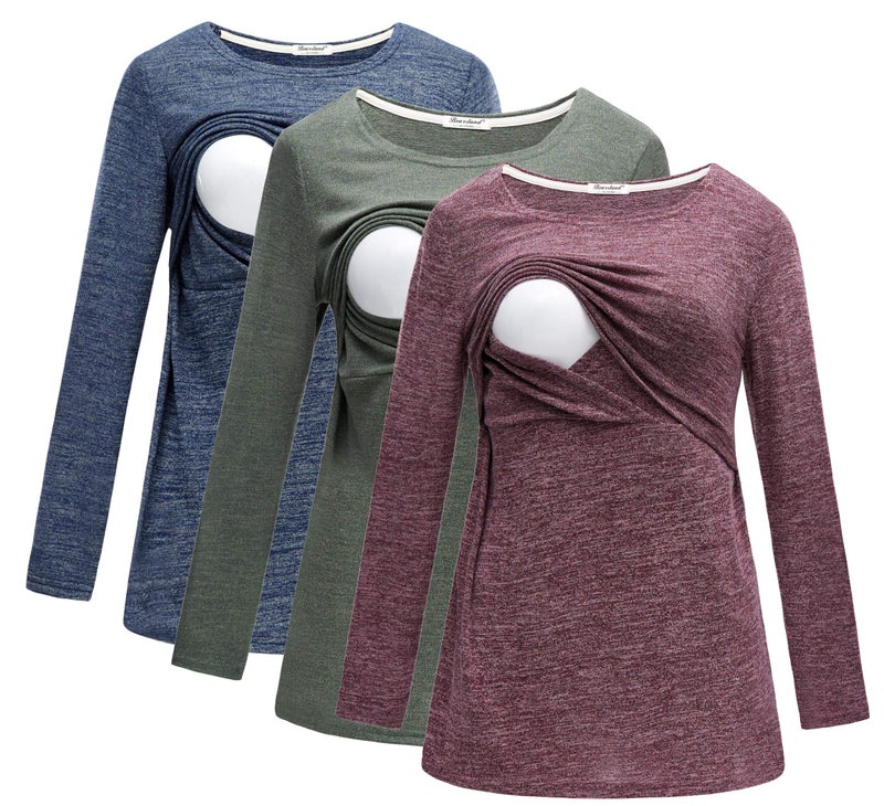 Bearsland Women's Maternity Clothes Long Sleeves Breastfeeding Shirts and Nursing Top,bluegreenred,M - Image 1