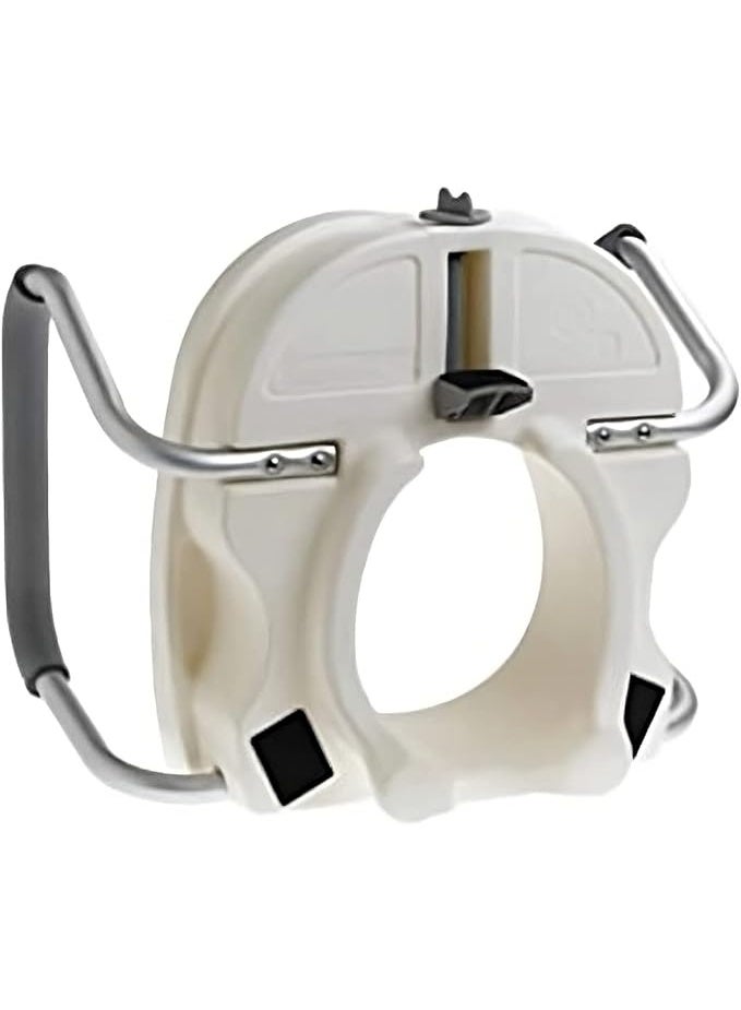 Raised toilet seat with locking system and 5-inch height handles with adjustable padded armrests. Fits round and rectangular toilets. - Image 2