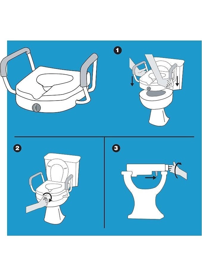 Raised toilet seat with locking system and 5-inch height handles with adjustable padded armrests. Fits round and rectangular toilets. - Image 4